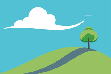 Fototapeta premium Summer landscape illustration with green trees, grass, and clouds in a blue sky