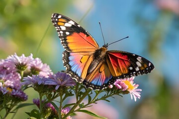 Vibrant butterfly on pink flowers in sunlight