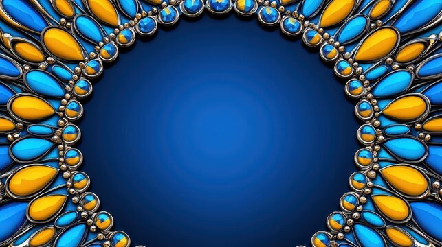 Abstract background with a circular frame of blue and yellow teardrop shapes on a dark blue backdrop. The teardrops are glossy and create a