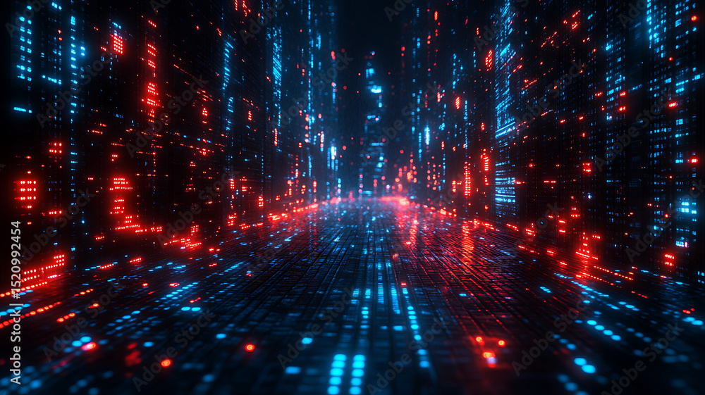 Poster cyberpunk data stream digital cityscape with red and blue lights artificial intelligence abstract vi