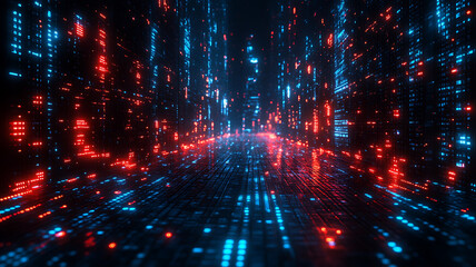 Fototapeta premium Cyberpunk data stream digital cityscape with red and blue lights artificial intelligence abstract visualisation