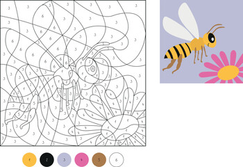 Color by number, education game for children, Bee, vector