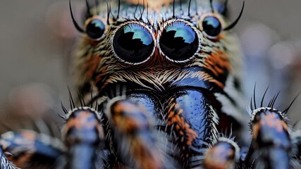Ultra close-up macro shot of jumping spider eyes and facial details, showing intricate textures, patterns and extreme depth for educational or scientific content