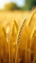 Golden barley stalks sway gently in a summer field, ready for harvest The ripe grains gleam under the sun, promising a bountiful crop Agricultural scene of abundant harvest , rural scene, stem