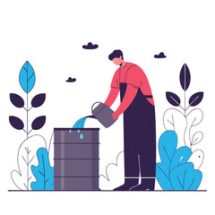Man Pouring Water From Can into Metal Barrel Surrounded by Foliage Illustration Art