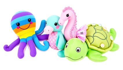 Naklejka premium Adorable Plush Marine Animals: Octopus, Seahorses & Turtles