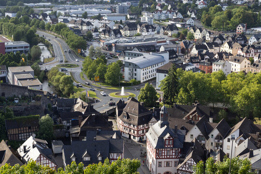 Aerial view of Oranienstadt Dillenburg a town in Hesse's Gie&szlig;en region in Germany. Old town in the foreground, bathed in lovely evening light.