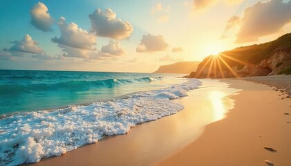 Golden hour sunlight bathes a pristine sandy beach, meeting the turquoise ocean waves on a dramatic coastline Perfect for travel, vacation, and nature themes ?, landscape, getaway, tropical beach