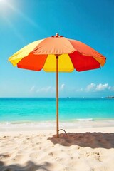 Relaxing beach scene featuring a vibrant resort umbrella providing shade on a pristine sandy shore Perfect for travel, vacation, and summer themes , sea, sky