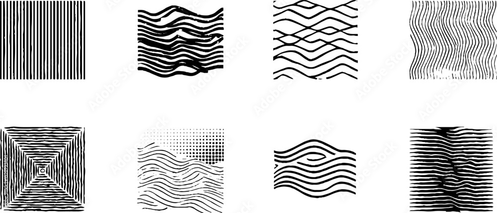 Poster engraved abstract illustration of basic geometric patterns and textures for design