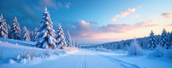 Crisp winter sky, deep blue hue, untouched snow covering a serene landscape A tranquil scene of untouched nature under a vibrant winter sky , subarctic, cyan