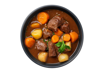 Beef bourguignon top view full length isolated on transparent or white background