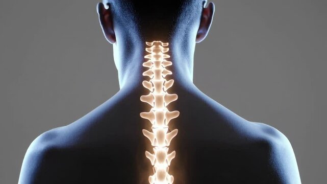 Glowing human spine revealing cervical and thoracic vertebrae, illuminating intricate skeletal structures within body against neutral gray background