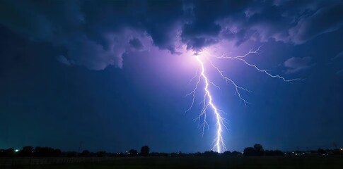 Fototapeta premium Dramatic, high-voltage lightning strike illuminates a dark, stormy night sky Perfect for weather, nature, or power-related projects Stunning visual impact guaranteed , ionosphere, sky