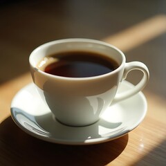 Coffee Cup on Table with Sunlight Shining, Dark Roast Beverage