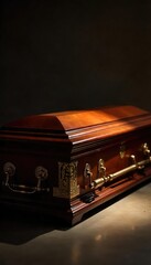 Elegant mahogany casket with brass accents, closed, ready for a respectful final farewell Subtle lighting highlights the fine craftsmanship and luxurious details , bereavement, burial