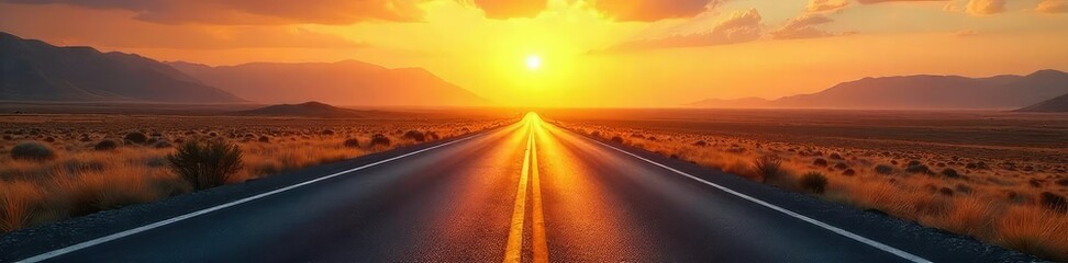 Endless asphalt ribbon vanishing into the hazy distance, sun-drenched landscape stretching towards the far-off horizon Perfect for travel, adventure, and journey themes , adventure, vanishing point
