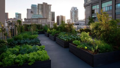 Fototapeta premium Rooftop urban garden with thriving greenery and cityscape backdrop creating an oasis