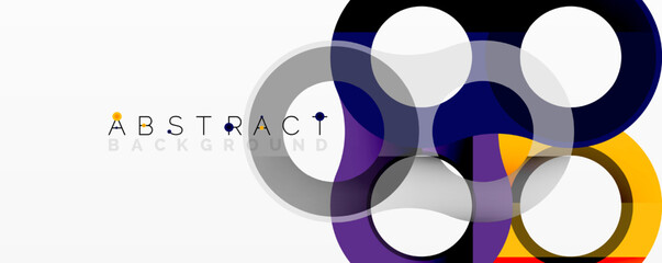 Bright overlapping circles create modern design. Purple, navy, gold, white hues blend seamlessly. Minimalist aesthetic, clean composition.