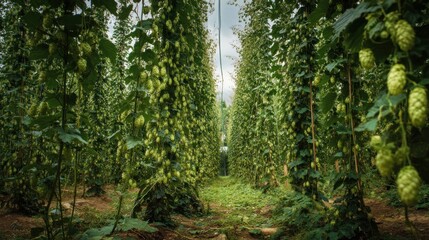 Fototapeta premium Green hop plants growing vertically in a field with abundant blossoms