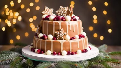 Two-tiered holiday cake with gingerbread stars, cranberries, and icing drips, cinematic orbit and zoom - Powered by Adobe