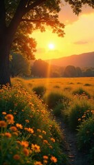 Golden hour sunlight bathes a tranquil landscape in warm, vibrant hues Perfect for summer, vacation, and nature themes Capture the essence of long, sunny days , relaxing, sun