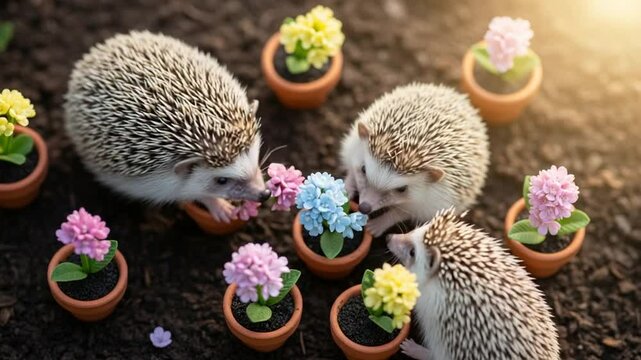 Close-Up Of Hedgehogs Interacting With Colorful Blossoms in Small Pots on Dark Earth Ground