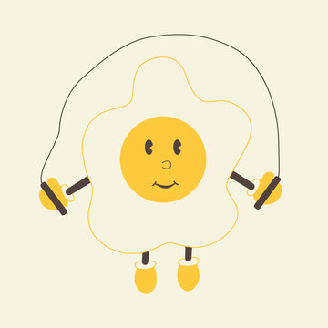 Un huevo alegre est&aacute; levantando soltando con la comba. Estilo de dibujos animados de los a&ntilde;os 80