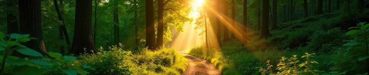 Golden hour sunlight streams through lush green trees, illuminating a tranquil path winding through a vibrant forest Perfect for travel, nature, and adventure themes , hiking, summer, woods