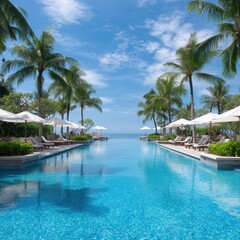 Fototapeta premium Pool with palms and blue sky on a white background