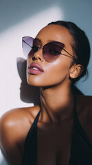 Young woman in stylish sunglasses, showcasing summer fashion with perfect lighting effects during a midday photoshoot