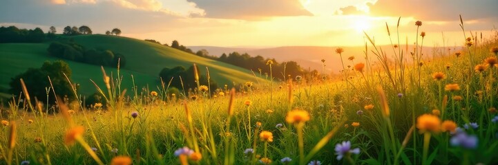 Golden hour sunlight bathes a verdant hilltop, wildflowers blooming amidst tall grasses Perfect for summer, nature, and travel themes , sky, peaceful, environment