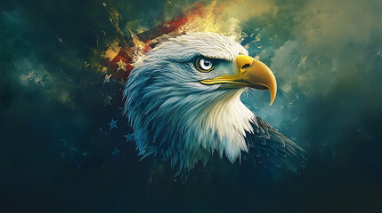 Detailed portrait of an eagle with a patriotic background.