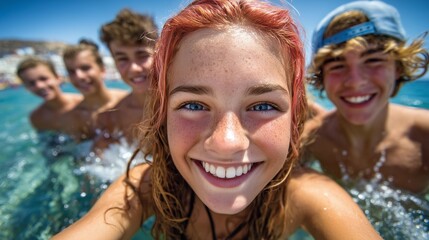 Obraz premium A group of diverse teenagers joyfully splashing in a clear lake on a sunny day, capturing the carefree essence of summer break.