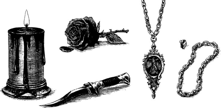 Gothic engraved set featuring bleeding candle, rose, dagger, and ornate jewelry