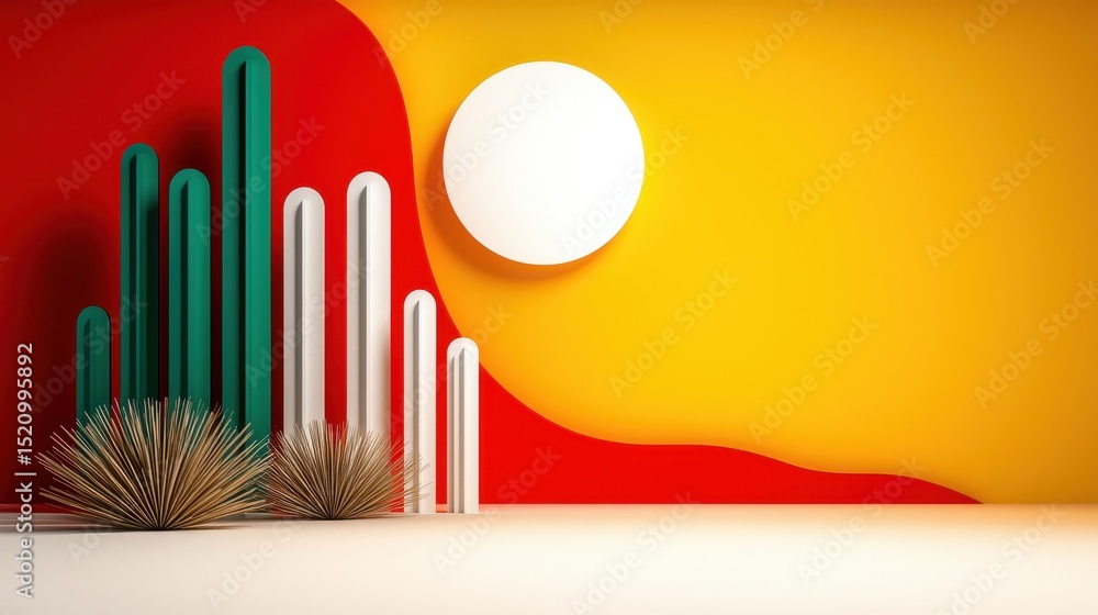 Aufkleber abstract 3d rendering of stylized cacti and geometric forms against a vibrant red and yellow backgro