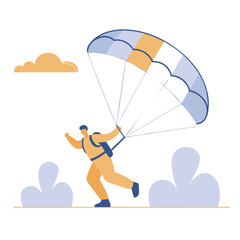 Skydiver Landing Illustration with Parachute, Sky, and Ground Elements in Modern Flat Style