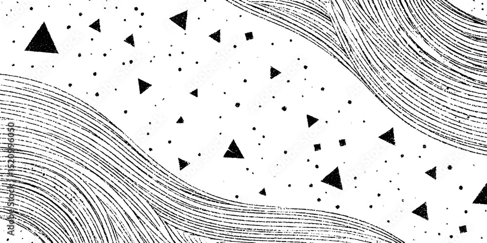 Poster abstract engraved design with bold curves and geometric scatter pattern for artistic background