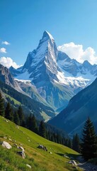 Majestic snow-capped peaks pierce a vibrant blue sky, creating a breathtaking panorama of untouched wilderness Explore the serene beauty of the alpine landscape , serene, sunlight, valley