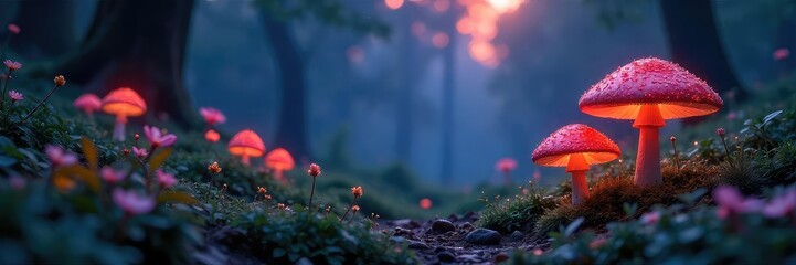Mystical garden scene at twilight, glowing flora, whimsical mushrooms, sparkling dew drops on leaves, magical atmosphere Perfect for fantasy, fairytale, and magical realism themes , fantasy, sprites
