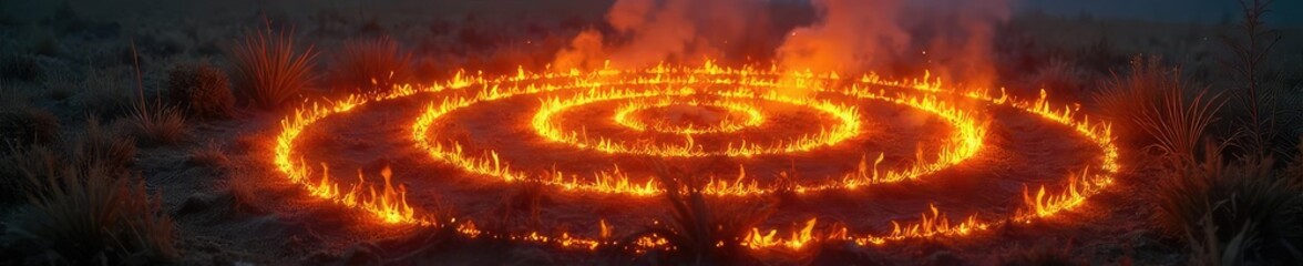 Intense fiery circles consuming dry grass, creating a mesmerizing pattern of burning rings in a field The flames lick upwards, leaving behind trails of ash , autumn, background, flames