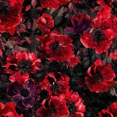 Vibrant Red Floral Pattern on Black Background - Bold and Elegant Design.