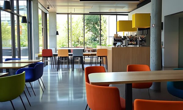 Vibrant Cafeteria Interior with Colorful Seating and Natural Light from Large Windows
