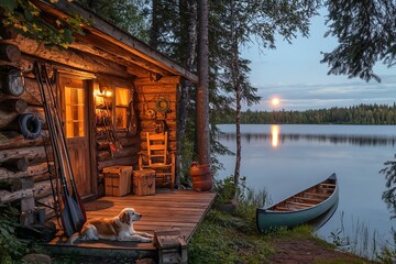 Obraz premium Lakeside Cabin at Dusk with Dog Resting on Porch 