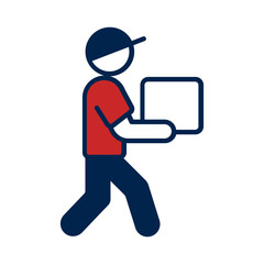 Delivery man carrying package vector icon. Simple vector icon of a courier carrying a parcel, ideal for web delivery service, apps, and logistics UI design.
