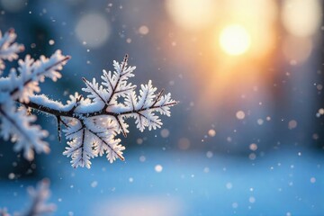 Intricate snowflakes delicately clinging to a frosty winter branch, glistening under the soft light of a winter sun A beautiful winter wonderland scene , holiday season, ice