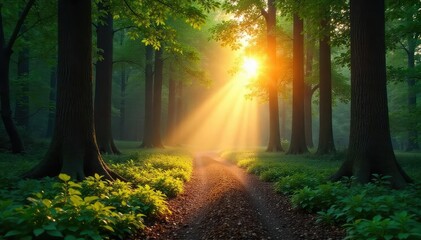 Serene forest scene at dawn, sun rays filtering through leaves illuminating a tranquil path Perfect for nature, travel, and wellness themes , greenery, forest, scenery