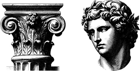 Classical engraved busts and column with laurel wreaths for artistic design
