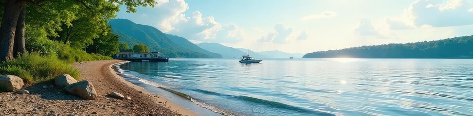 Serene lakeside view, perfect for a relaxing afternoon Gentle waves lap the shore, under a tranquil sky Ideal for escaping the everyday stress , serenity, waterfront, mindfulness