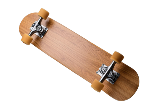 Wooden skateboard seen from below isolated on white background